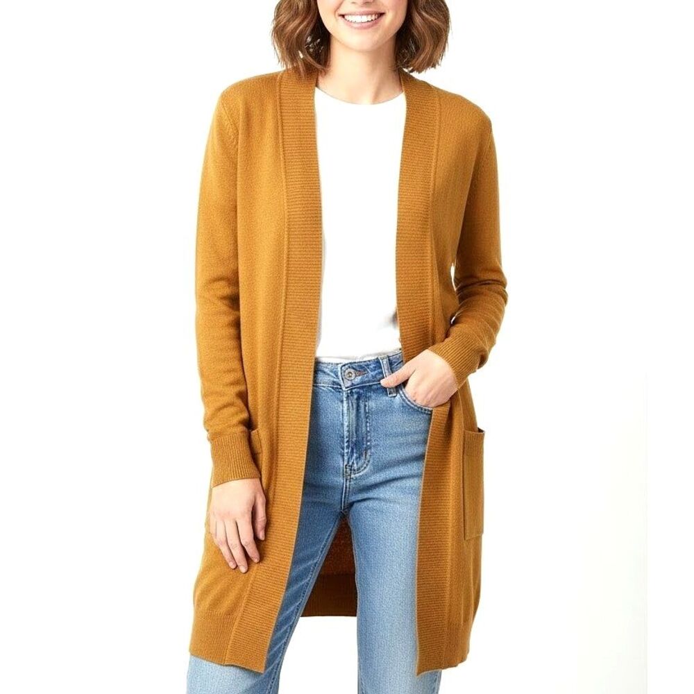 CIELO Cardigan Open Front Long Sleeves Yellow Mustard 2 Pockets Women Medium